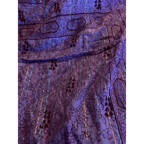 Purple Burgundy Square Scarf Floral Design Fringe & Metallic Rainbow Accents - Picture 4 of 6